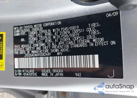 2009 Toyota Highlander Limited z USA, uszkodzony, nr VIN JTEDS42A692082449